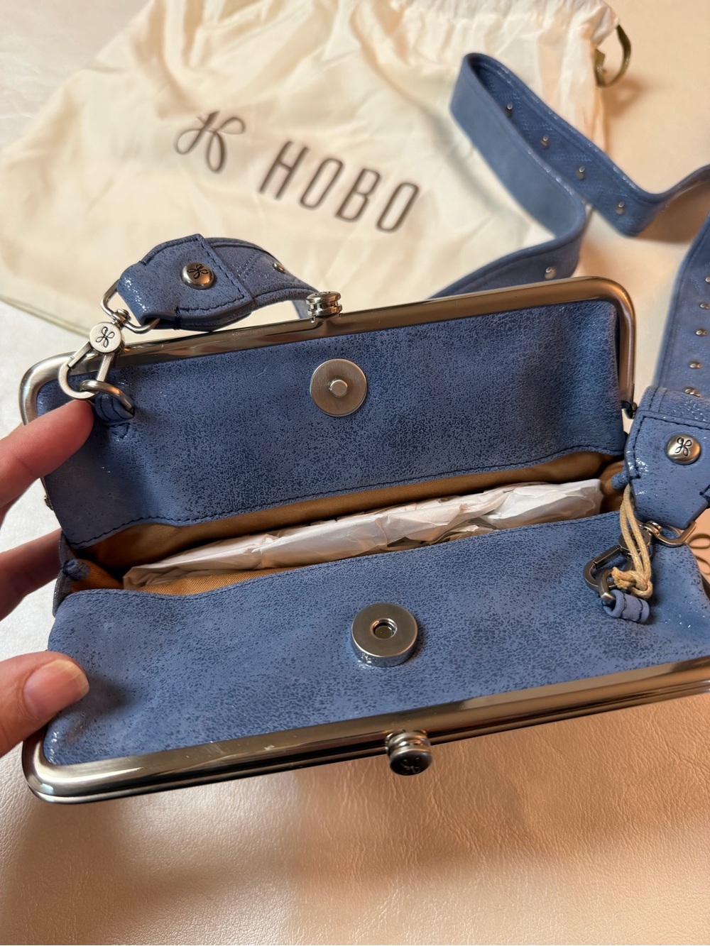HOBO Azure Blue Pebbled Leather Shoulder Bag with Studded Strap - Picture 6 of 11